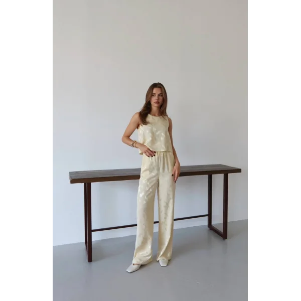 Desenli Jakar Saten Bluz Pantolon Takım-Sarı