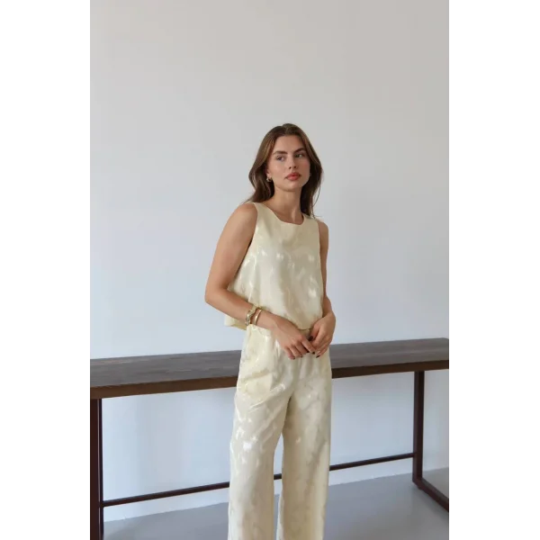 Desenli Jakar Saten Bluz Pantolon Takım-Sarı