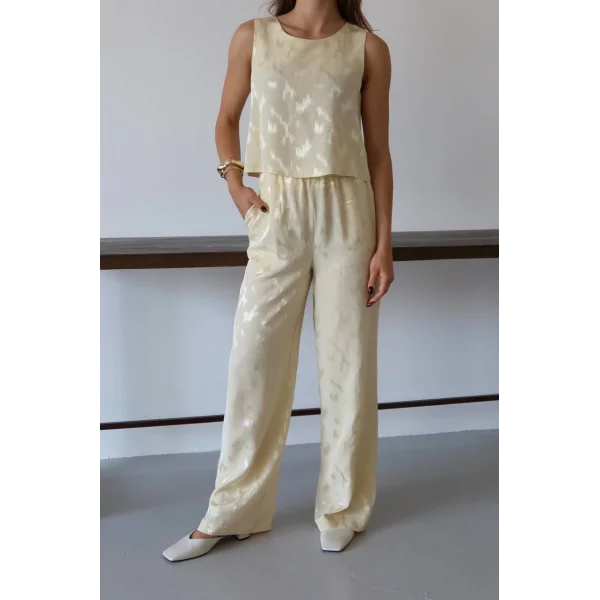 Desenli Jakar Saten Bluz Pantolon Takım-Sarı