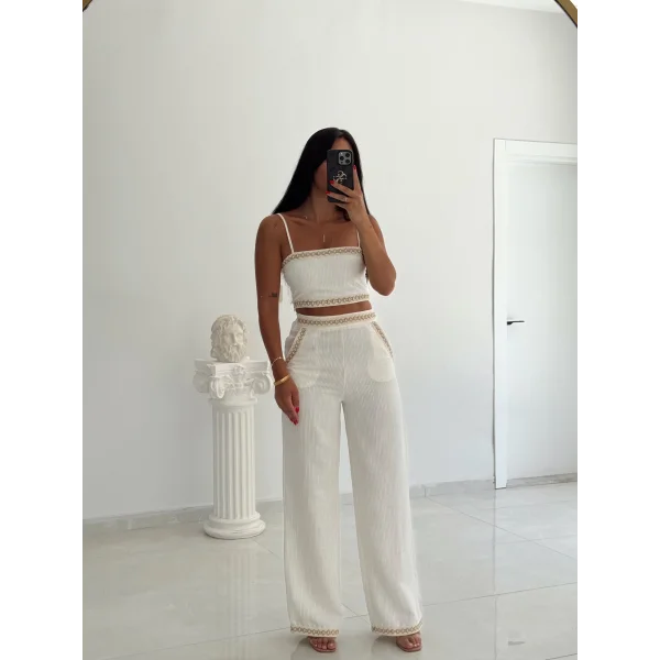 İşleme Detaylı Keten Pantolon-Ekru