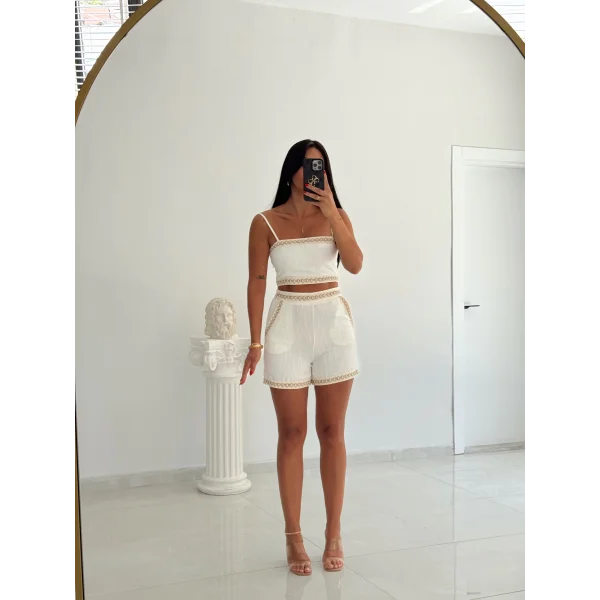 İnce Askılı İşlemeli Keten Büstiyer Bluz