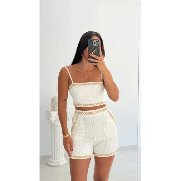İşleme Detaylı Keten Şort - Ekru