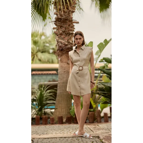 Kemerli Keten Elbise-Naturel