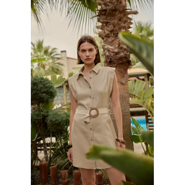 Kemerli Keten Elbise-Naturel