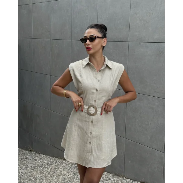 Kemerli Keten Elbise-Naturel