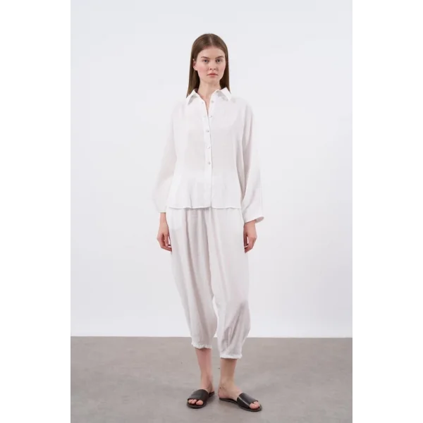 Modal Kumaş Gömlek Pantolon İkili Takım-Beyaz