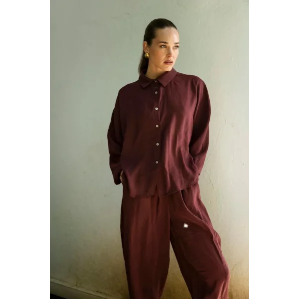 Modal Kumaş Gömlek Pantolon İkili Takım-Bordo