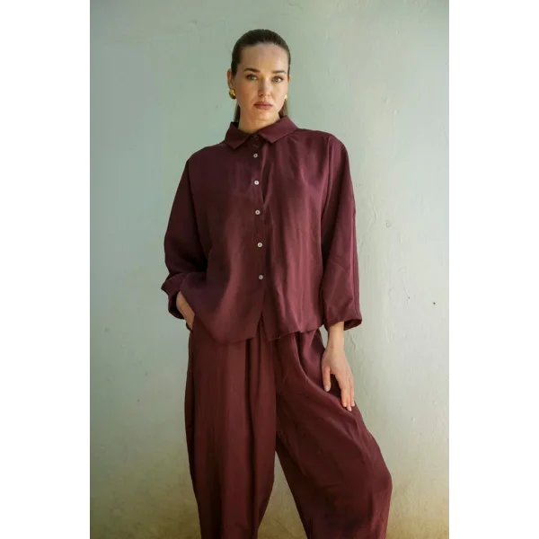 Modal Kumaş Gömlek Pantolon İkili Takım-Bordo