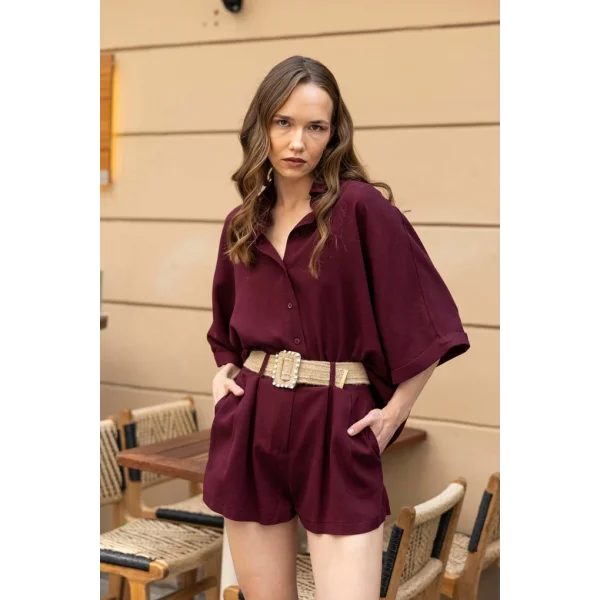 Premium Seri Keten Şort Gömlek Takım-Bordo