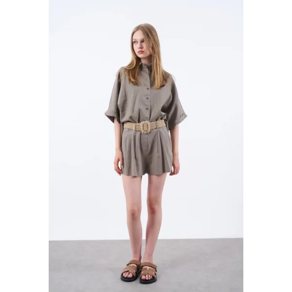 Premium Seri Keten Şort Gömlek Takım-Vizon