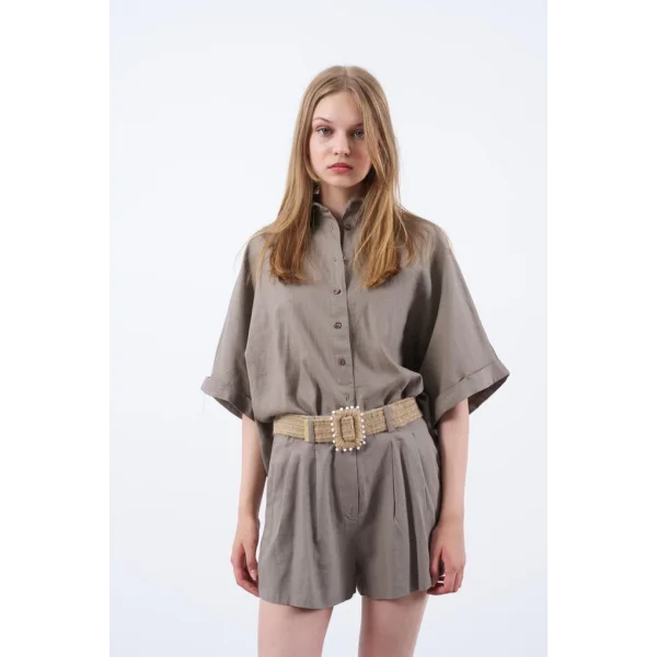 Premium Seri Keten Şort Gömlek Takım-Vizon