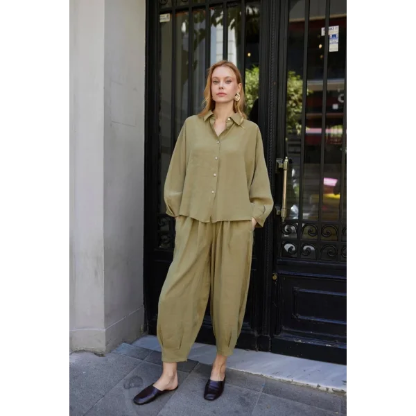 Modal Kumaş Gömlek Pantolon İkili Takım-Haki