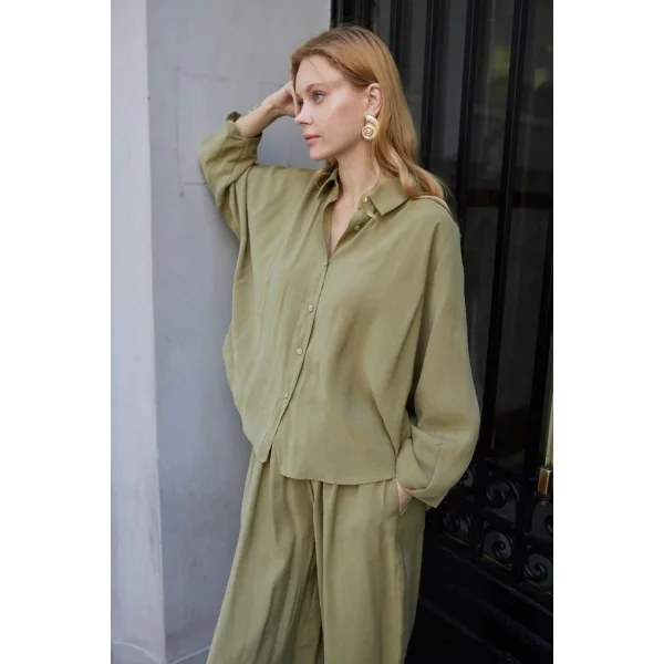 Modal Kumaş Gömlek Pantolon İkili Takım-Haki