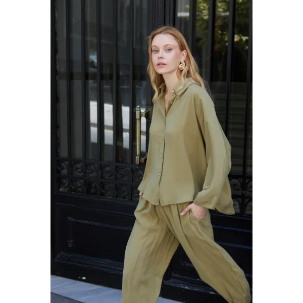 Modal Kumaş Gömlek Pantolon İkili Takım-Haki