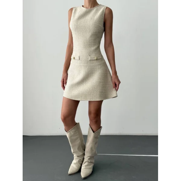 Cep Detaylı Yuvarlak Yaka Tüvit Mini Elbise-Taş