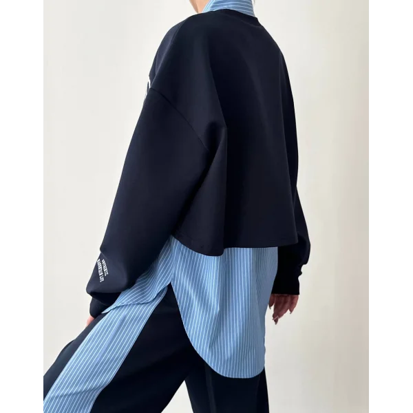 Çizgili Gömlek Garnili Yazı Baskılı Oversize Sweatshirt-Mavi