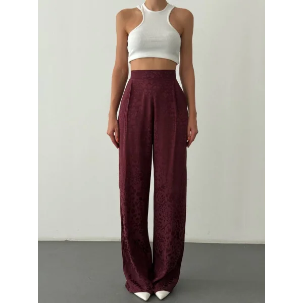 Leopar Desenli Saten Pantolon-Bordo