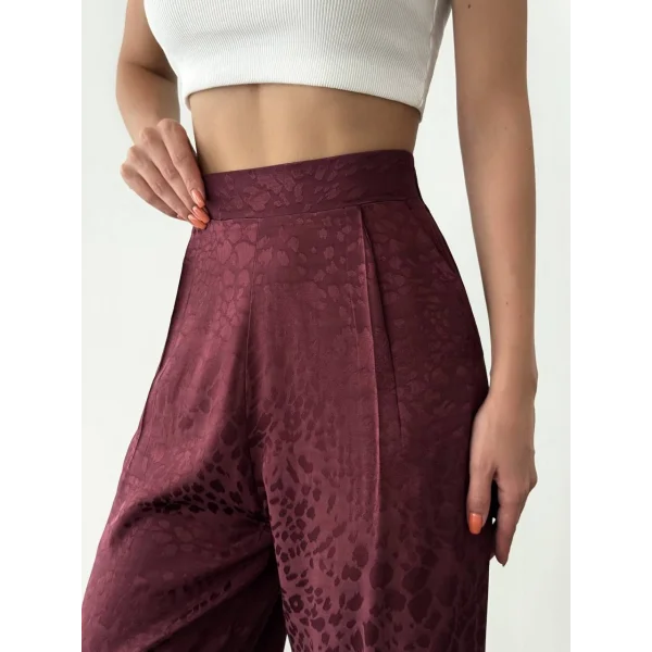 Leopar Desenli Saten Pantolon-Bordo