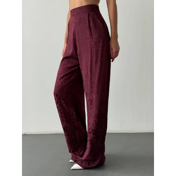 Leopar Desenli Saten Pantolon-Bordo