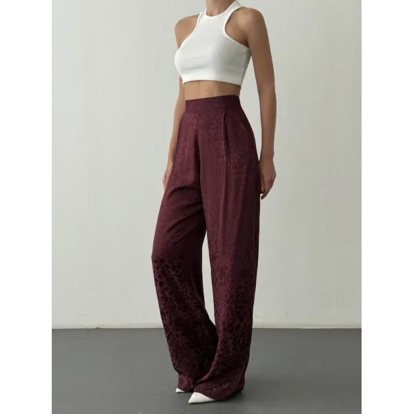 Leopar Desenli Saten Pantolon-Bordo