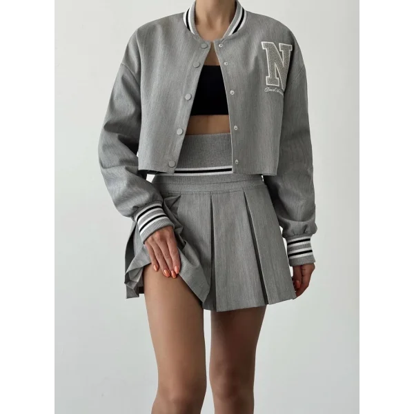 Harf Nakışlı Ribanalı Kısa Bomber Ceket-Gri