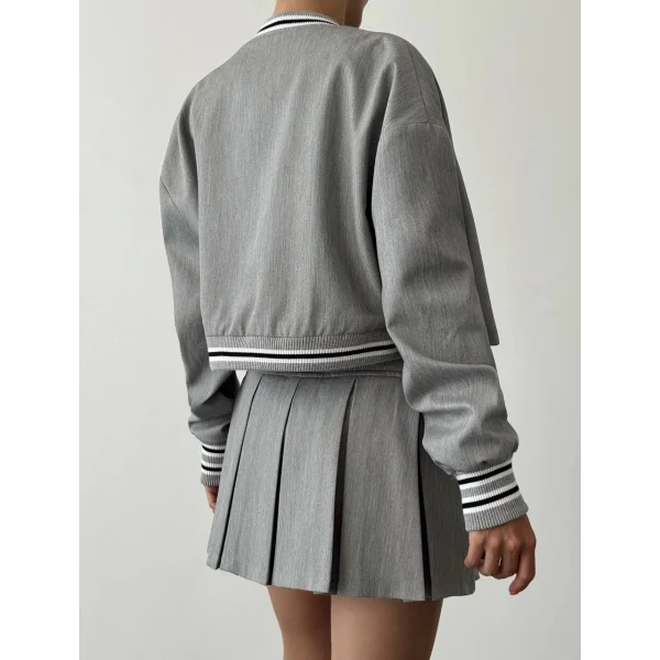 Harf Nakışlı Ribanalı Kısa Bomber Ceket-Gri