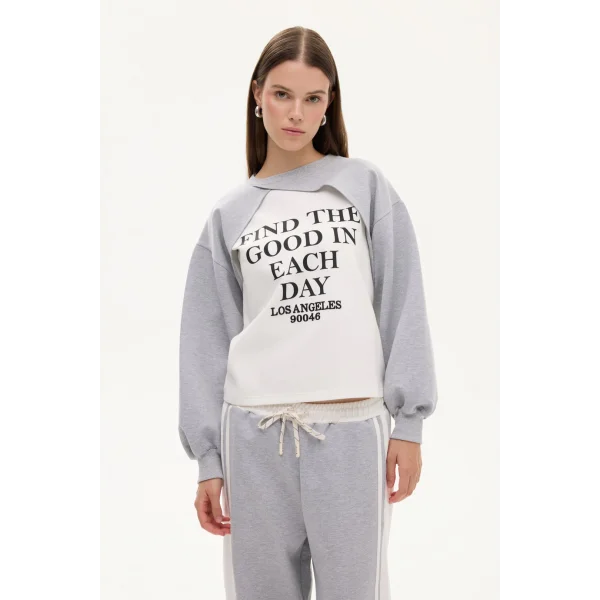 Match Detay Yazılı Bisiklet Yaka Sweatshirt-Gri