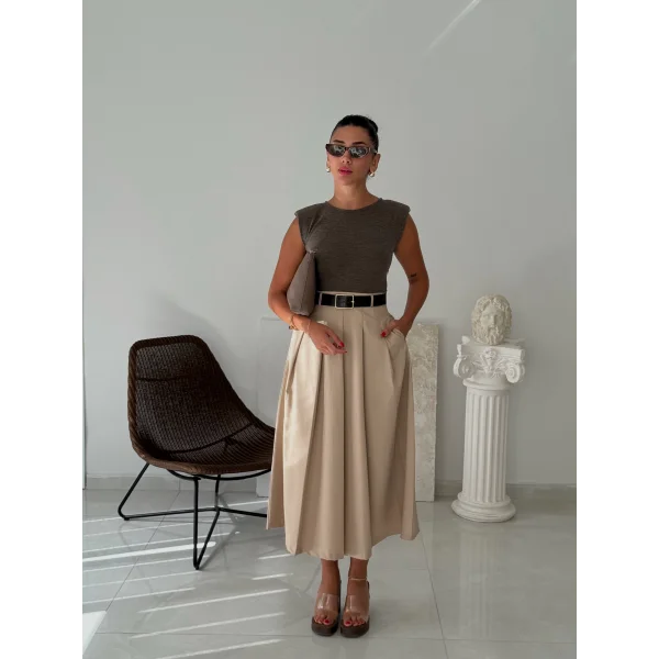 Kemerli Kontrast Kumaşlı Pileli Midi Elbise-Kahverengi