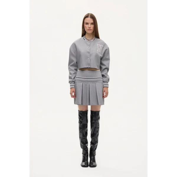 Beli Şerit Desenli Ribanalı Pileli Mini Etek-Gri