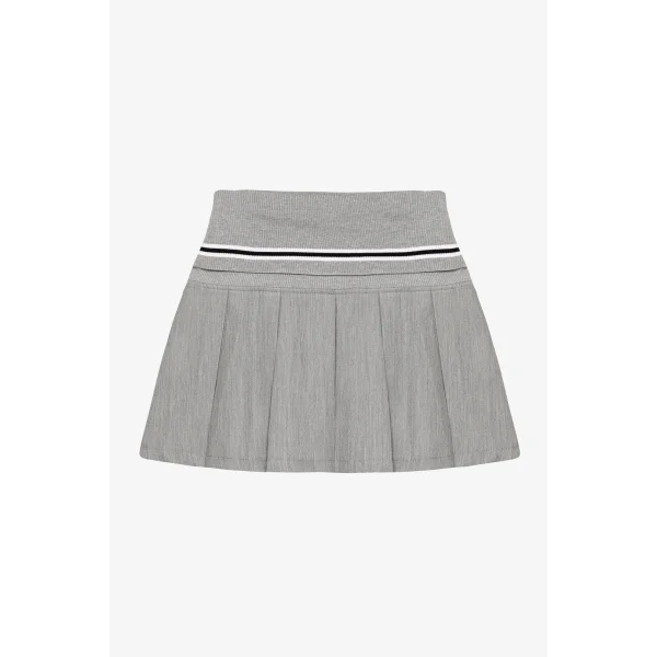 Beli Şerit Desenli Ribanalı Pileli Mini Etek-Gri