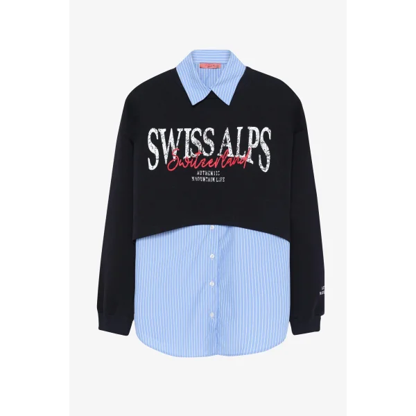 Çizgili Gömlek Garnili Yazı Baskılı Oversize Sweatshirt-Mavi