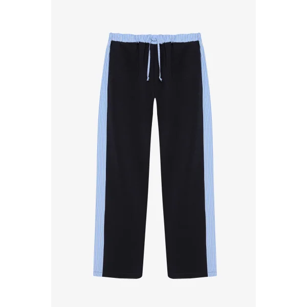 Kontrast Şeritli Bel Detaylı Bol Paça Pantolon-Mavi