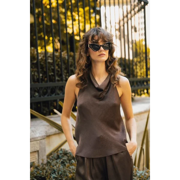 Saten Bluz Pantolon İkili Takım-Kahve