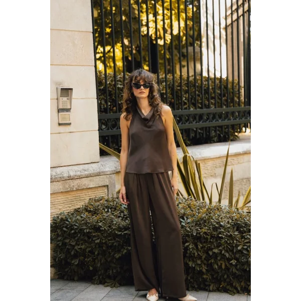 Saten Bluz Pantolon İkili Takım-Kahve