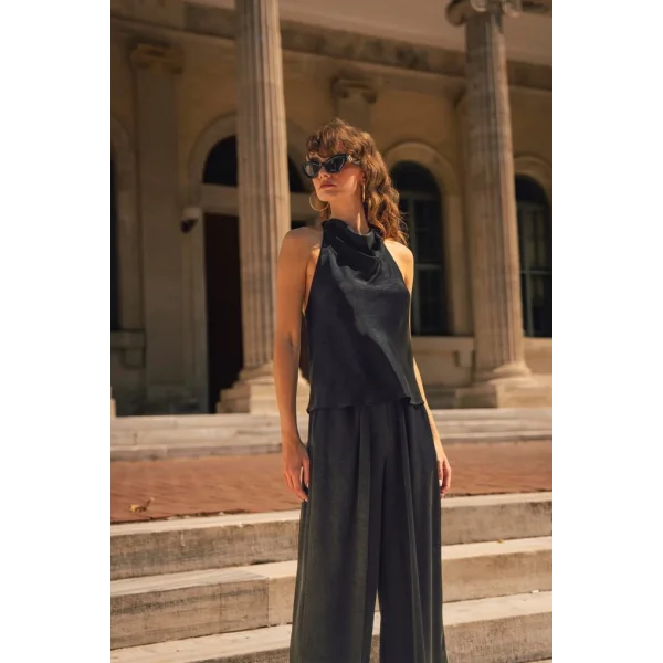 Saten Bluz Pantolon İkili Takım-Siyah