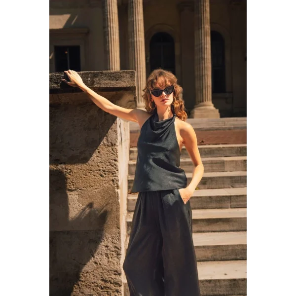 Saten Bluz Pantolon İkili Takım-Siyah