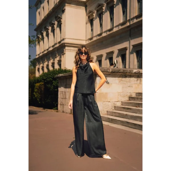 Saten Bluz Pantolon İkili Takım-Siyah