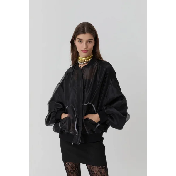 Cep Detaylı Organze Tül Ceket-Siyah