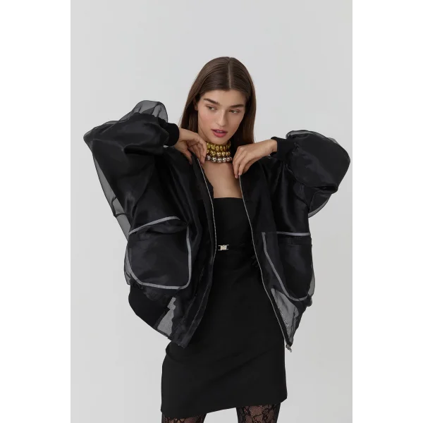 Cep Detaylı Organze Tül Ceket-Siyah