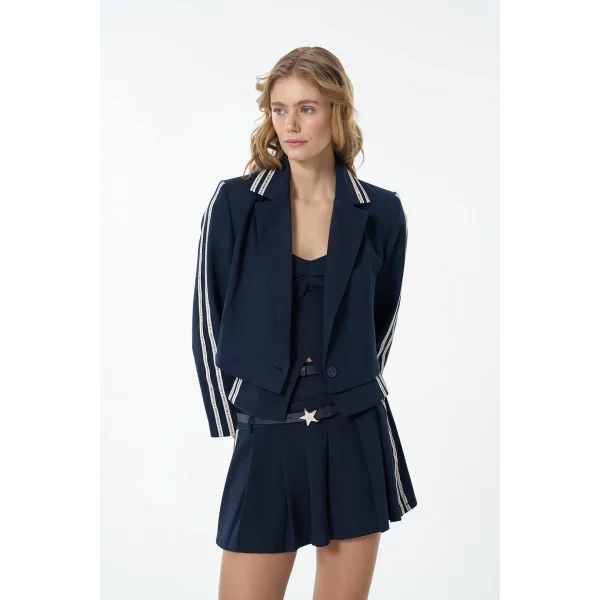 Yazı Şeritli Tek Düğmeli Crop Blazer Ceket Lacivert