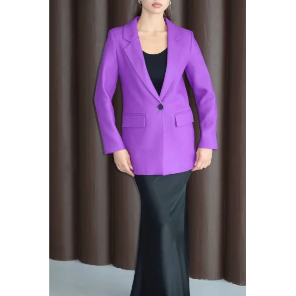 Yün Efekt Tek Düğme Mor Blazer Ceket