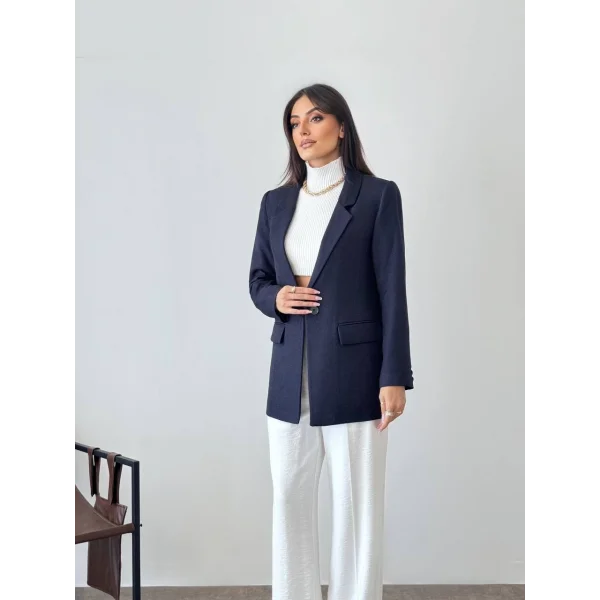 Yün Efekt Tek Düğme Lacivert Blazer Ceket