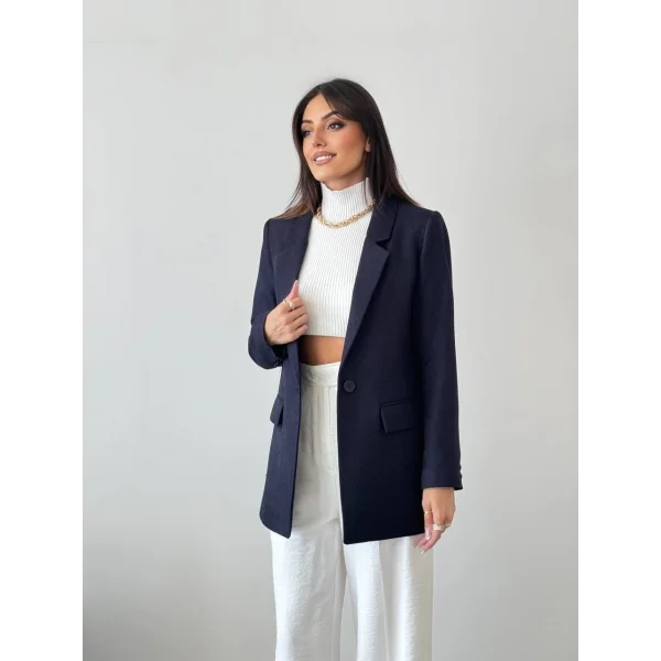 Yün Efekt Tek Düğme Lacivert Blazer Ceket
