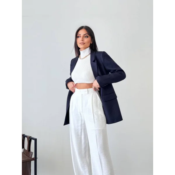 Yün Efekt Tek Düğme Lacivert Blazer Ceket