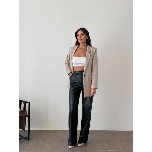 Yün Efekt Tek Düğme Blazer Ceket-Taş