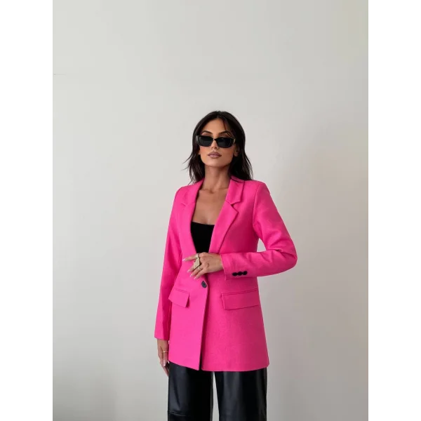 Yün Efekt Tek Düğme Fuşya Blazer Ceket
