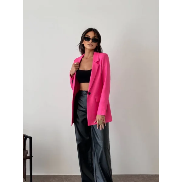 Yün Efekt Tek Düğme Fuşya Blazer Ceket