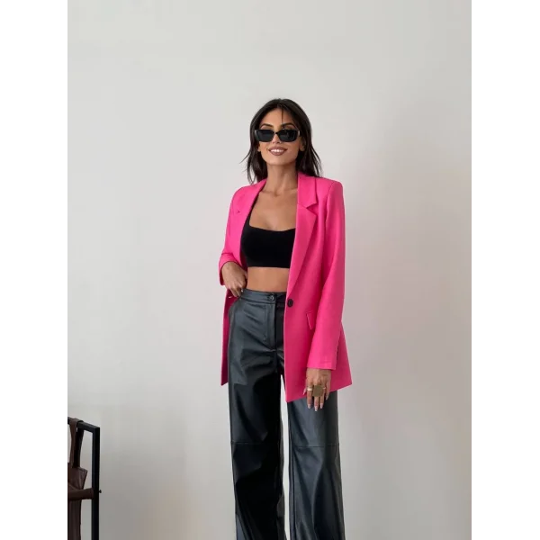 Yün Efekt Tek Düğme Fuşya Blazer Ceket
