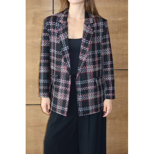 Siyah Kırmızı Kareli Oversize Kruvaze Şanel Ceket