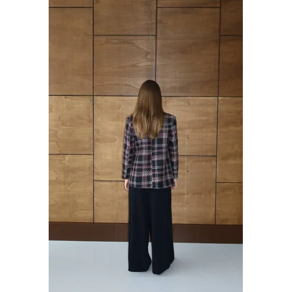 Siyah Kırmızı Kareli Oversize Kruvaze Şanel Ceket